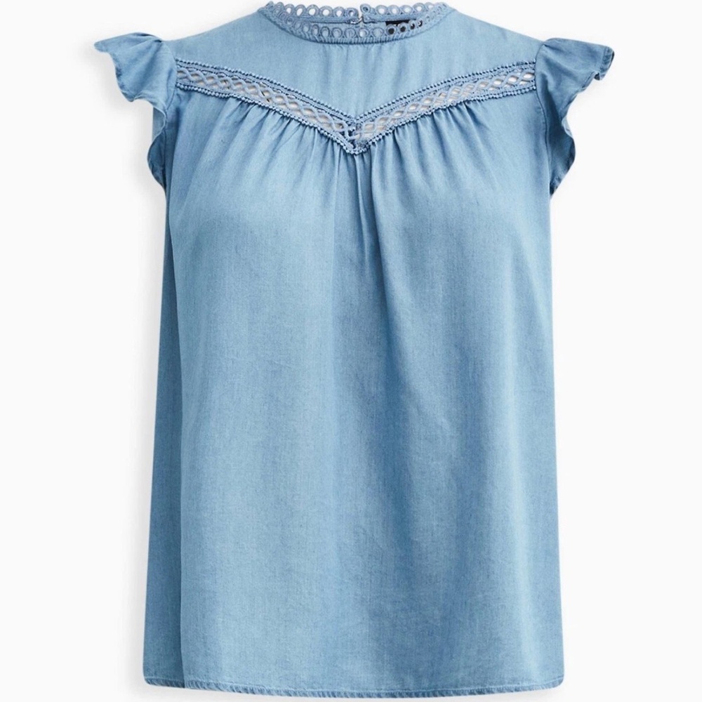 🏷️ Torrid Smock Neck Flutter Sleeve Eyelet Denim Blouse